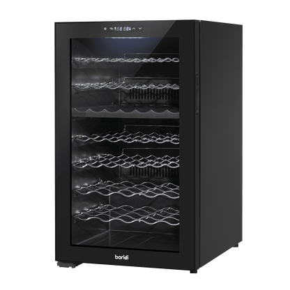 Baridi wine cooler with dual zones, mirror glass door, holds 52 bottles, sleek modern design.