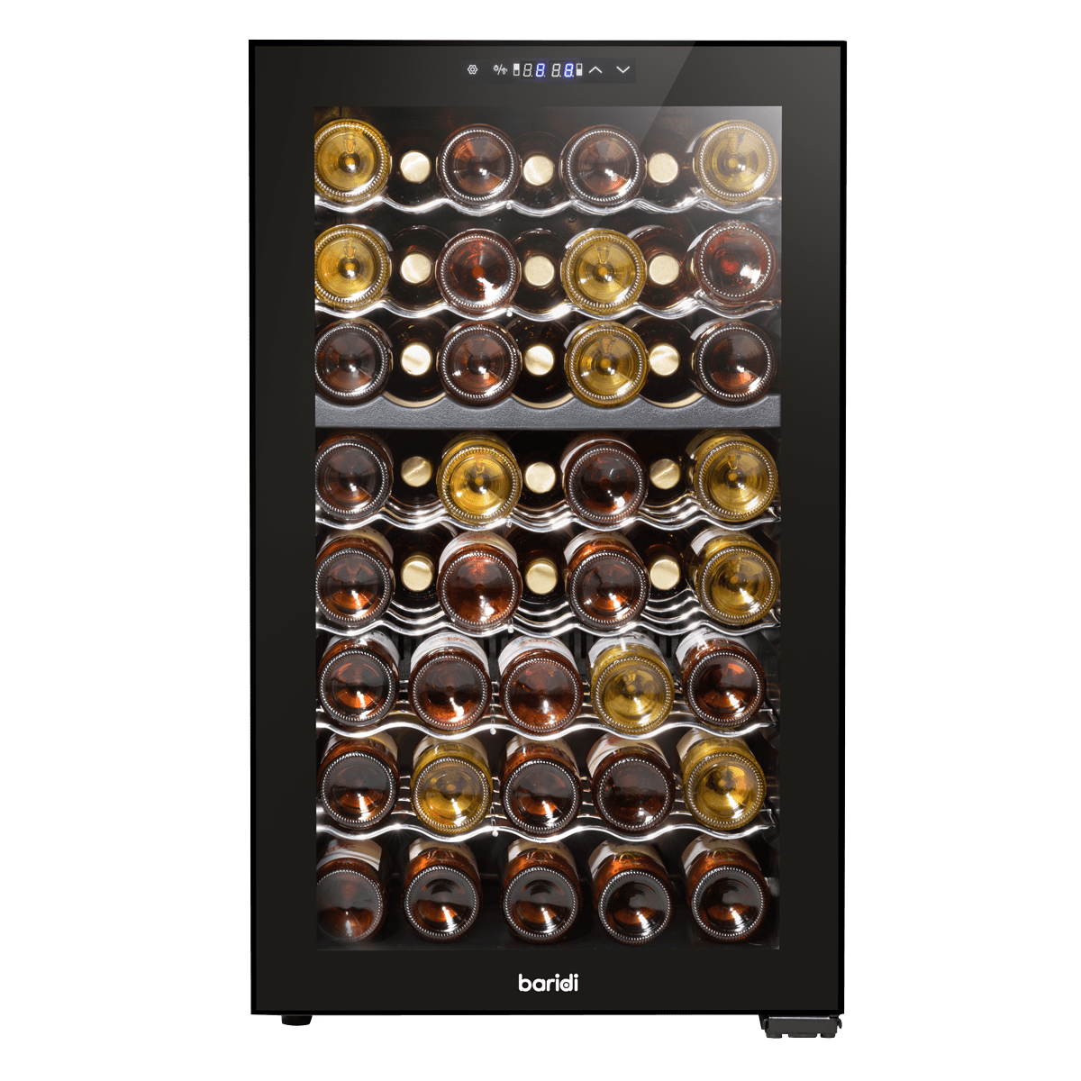 Baridi wine cooler with dual zones, mirror glass door, and 52-bottle capacity in a sleek design.