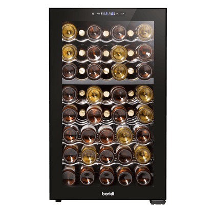 Baridi wine cooler with dual zones, mirror glass door, and 52-bottle capacity in a sleek design.