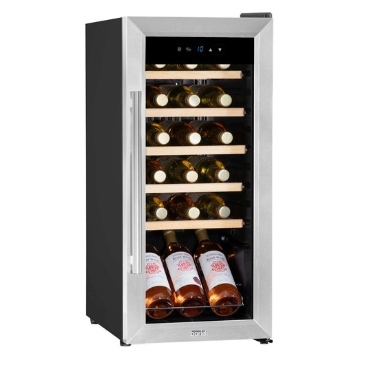 Stainless steel wine cooler with touch screen, LED light, and space for 18 bottles.