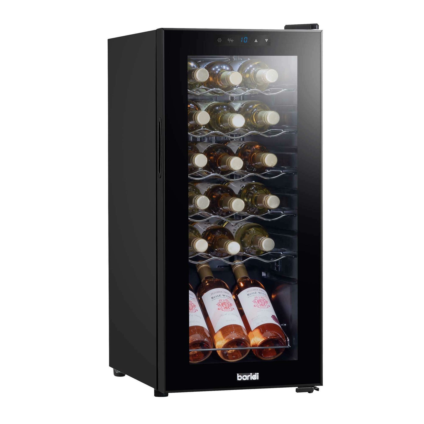 Black Baridi wine cooler with glass door, touch controls, and space for 18 bottles.