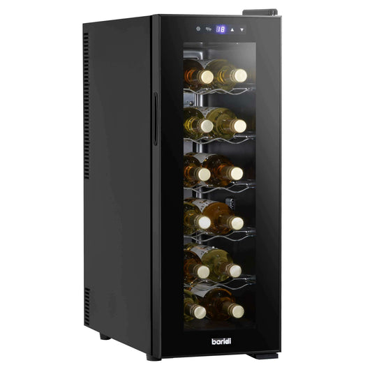 Black Baridi wine fridge with glass door, touch controls, holds 12 bottles, compact design.