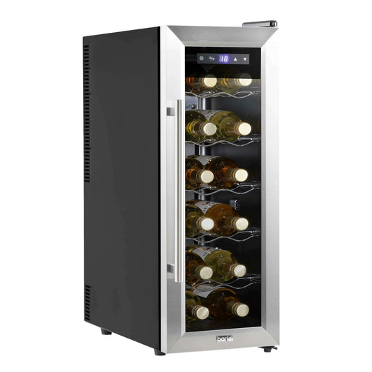 Sleek stainless steel 12-bottle wine cooler with digital controls and LED lighting.