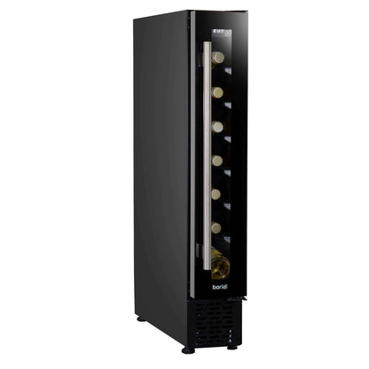 Slim black wine cooler with digital controls, fits 7 bottles, stainless steel handle, LED light.