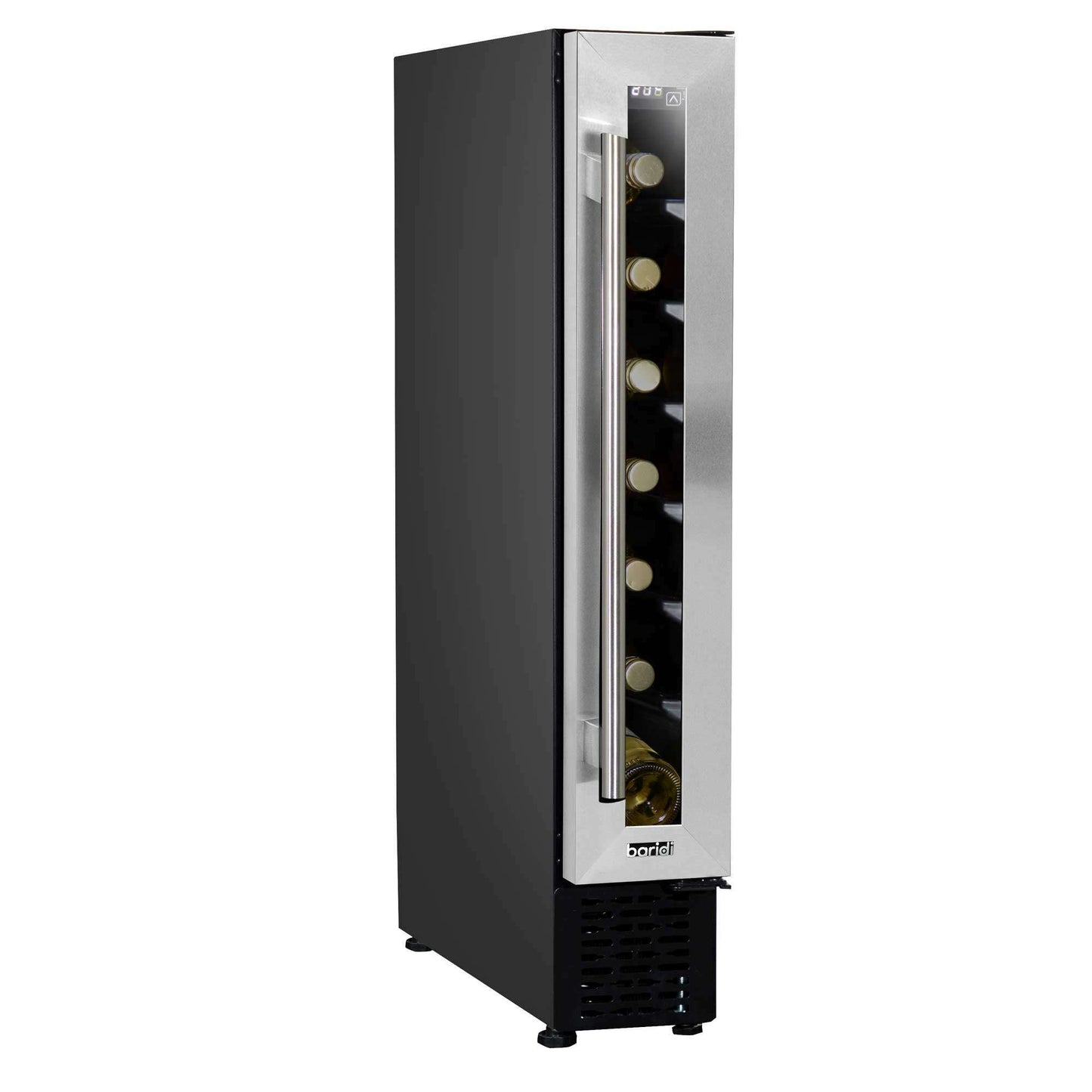 Slim stainless steel wine cooler with digital touch controls, fits 7 bottles, sleek kitchen design.