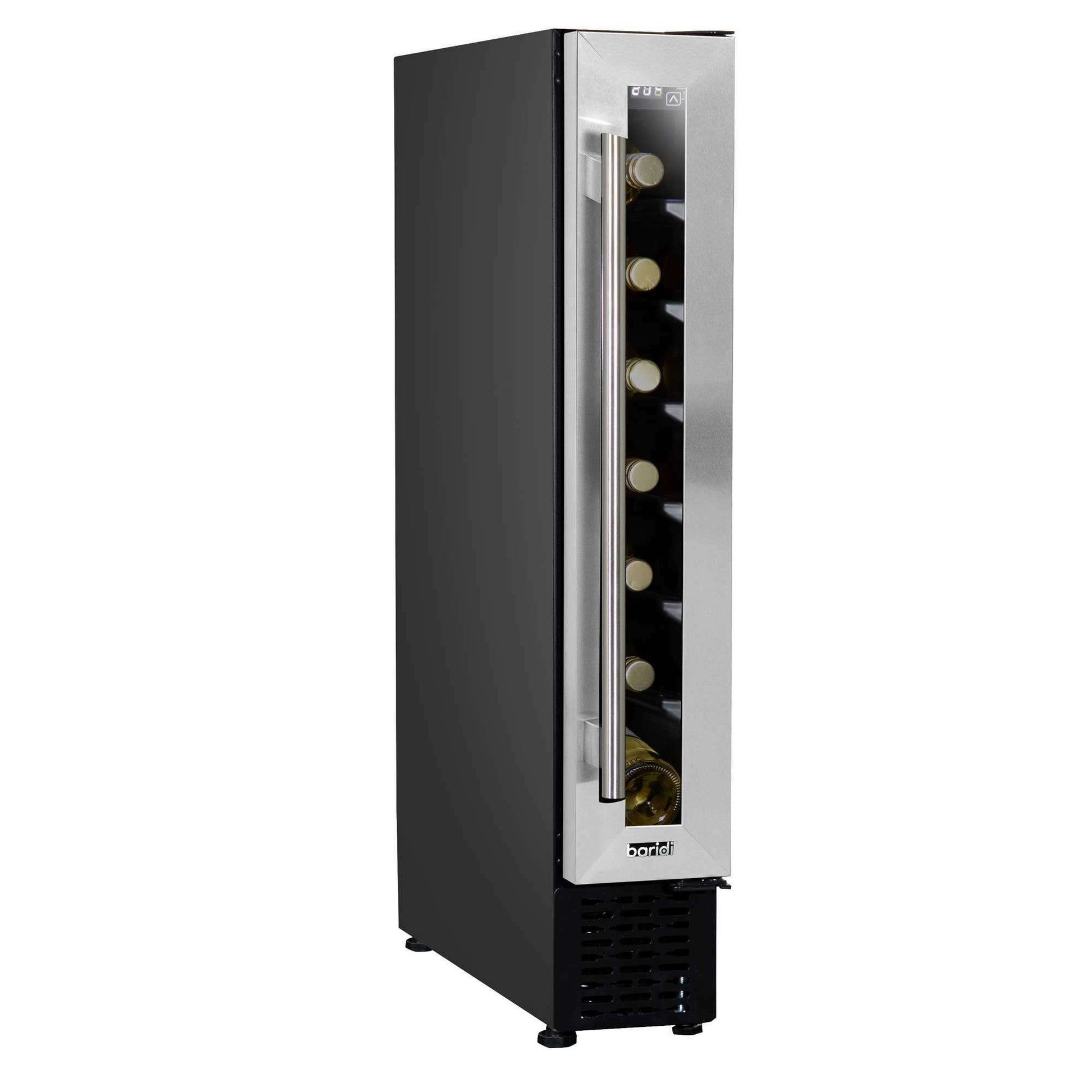 Slim stainless steel wine cooler with digital touch controls, fits 7 bottles, sleek kitchen design.