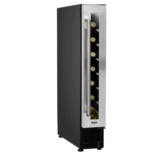 Slim stainless steel wine cooler with digital touch controls, fits 7 bottles, sleek kitchen design.