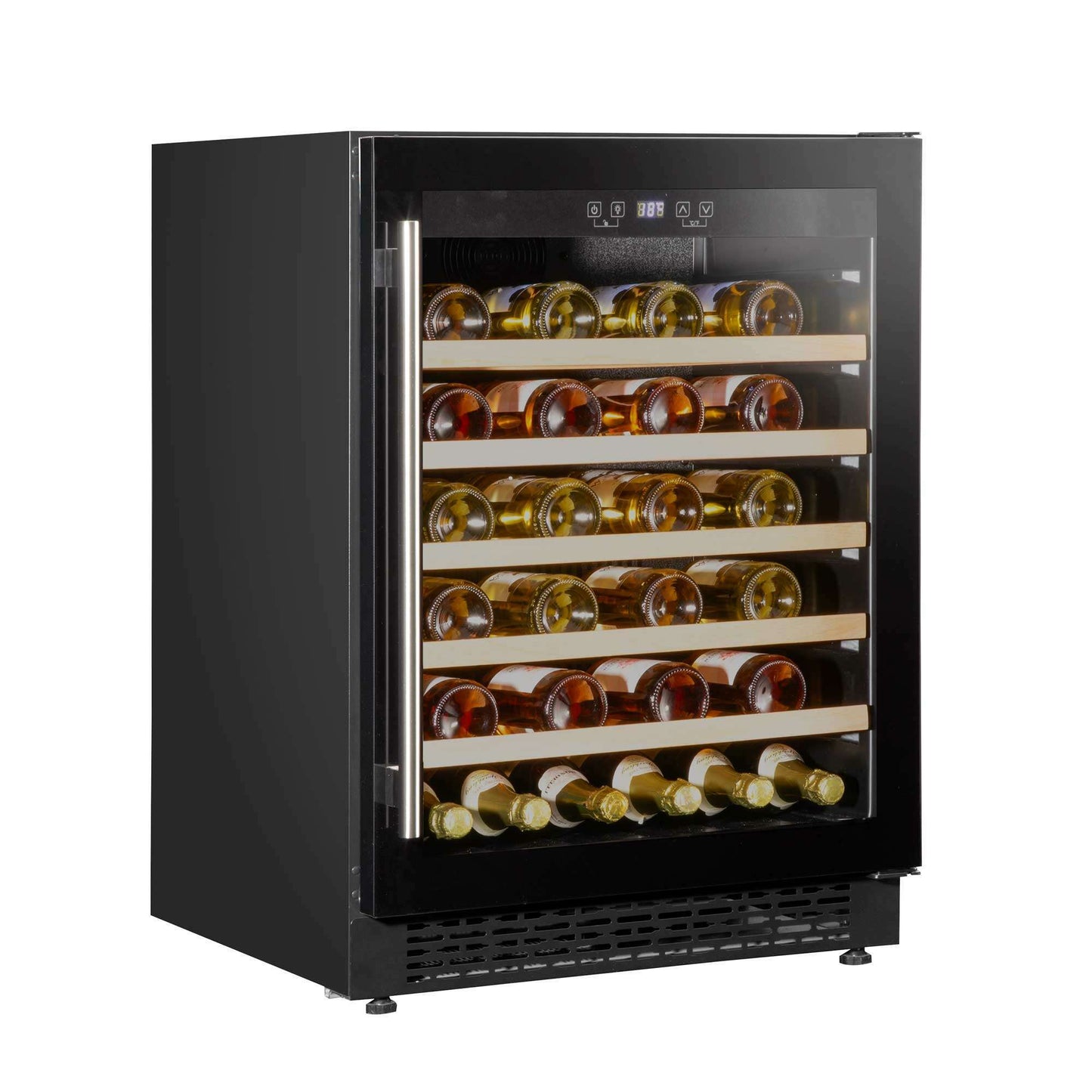 Sleek Baridi wine cooler fridge with digital controls, holding up to 54 bottles.
