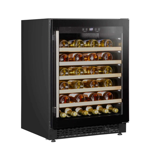 Sleek Baridi wine cooler fridge with digital controls, holding up to 54 bottles.