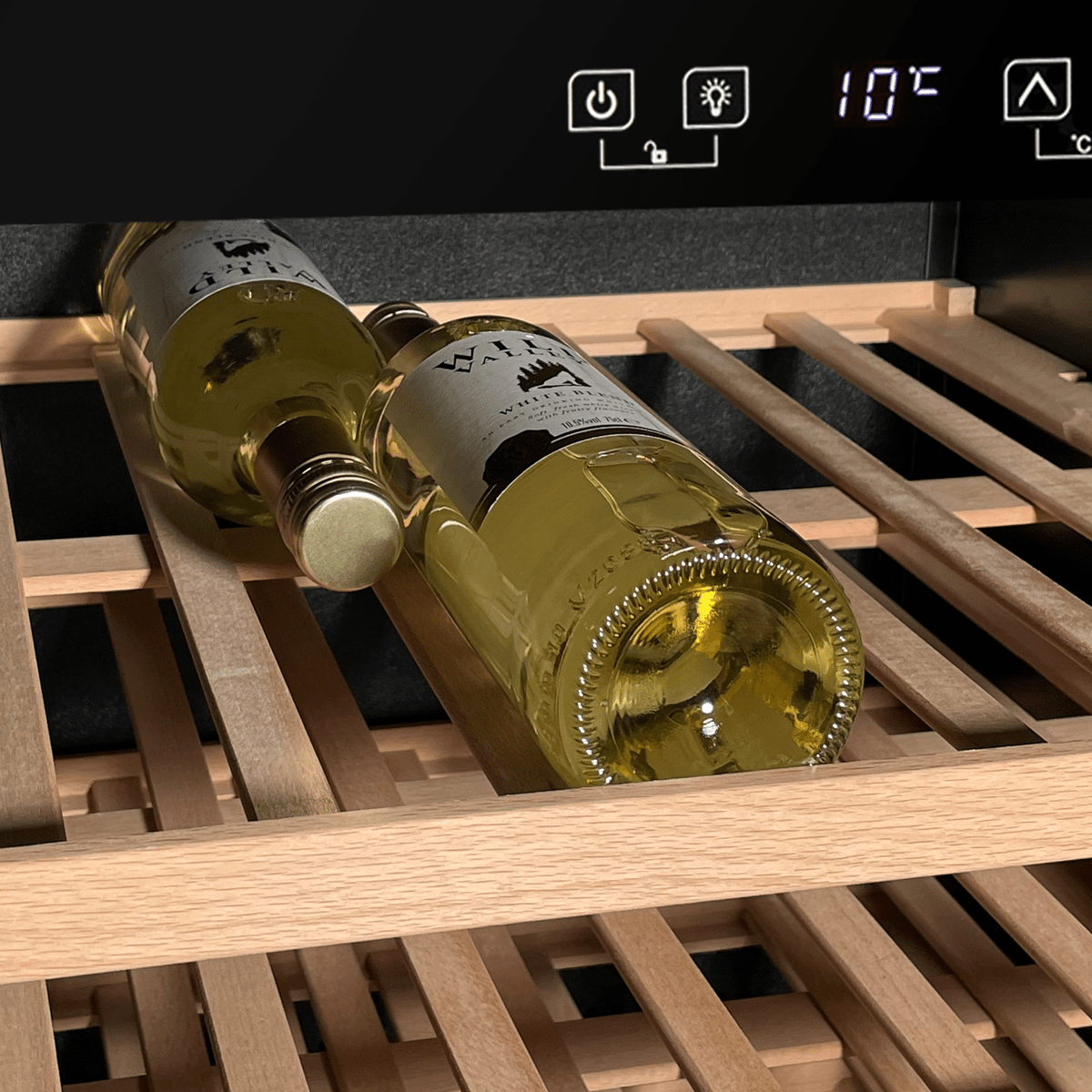 Sleek black wine fridge with glass door, dual zones, wooden shelves, and digital controls.