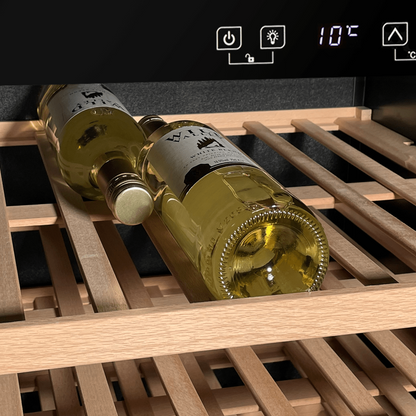 Sleek black wine fridge with glass door, dual zones, wooden shelves, and digital controls.