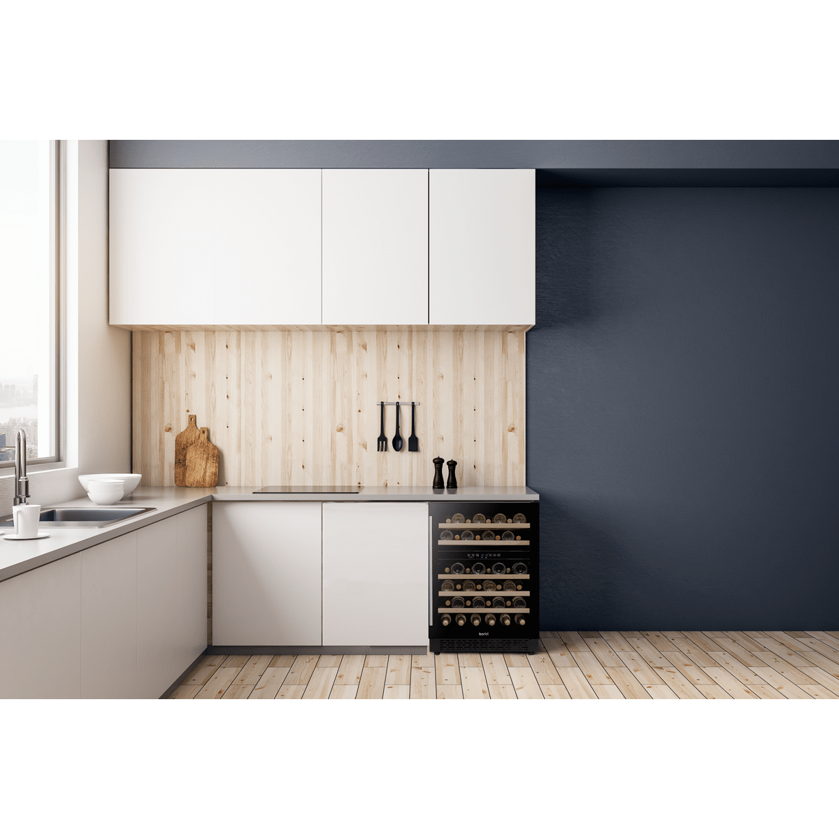 Sleek black dual zone wine fridge with digital controls and glass door, holding 46 bottles.