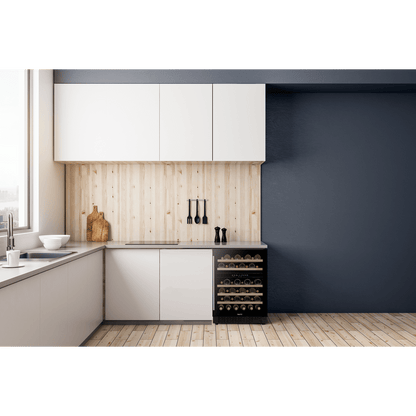 Sleek black dual zone wine fridge with digital controls and glass door, holding 46 bottles.