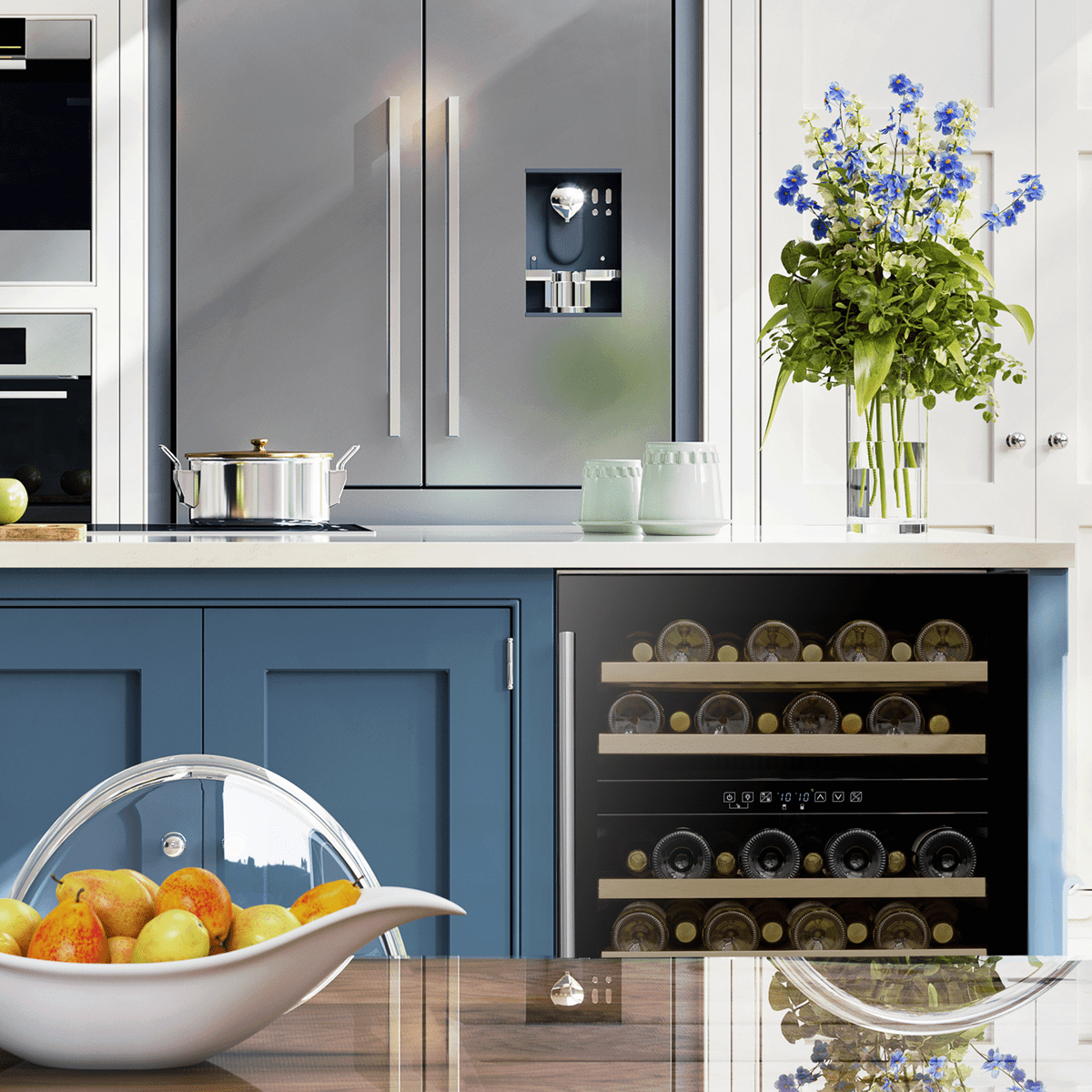 Black Baridi 46 Bottle Dual Zone Wine Fridge with digital controls and tempered glass door.