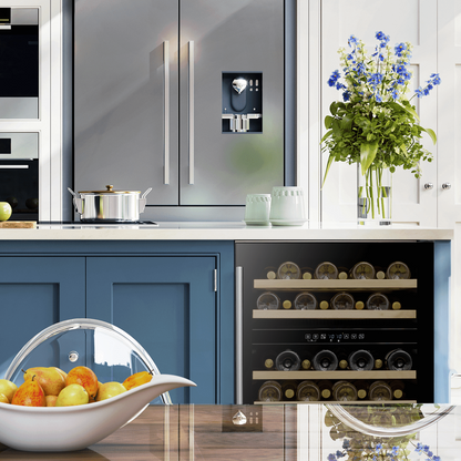 Black Baridi 46 Bottle Dual Zone Wine Fridge with digital controls and tempered glass door.