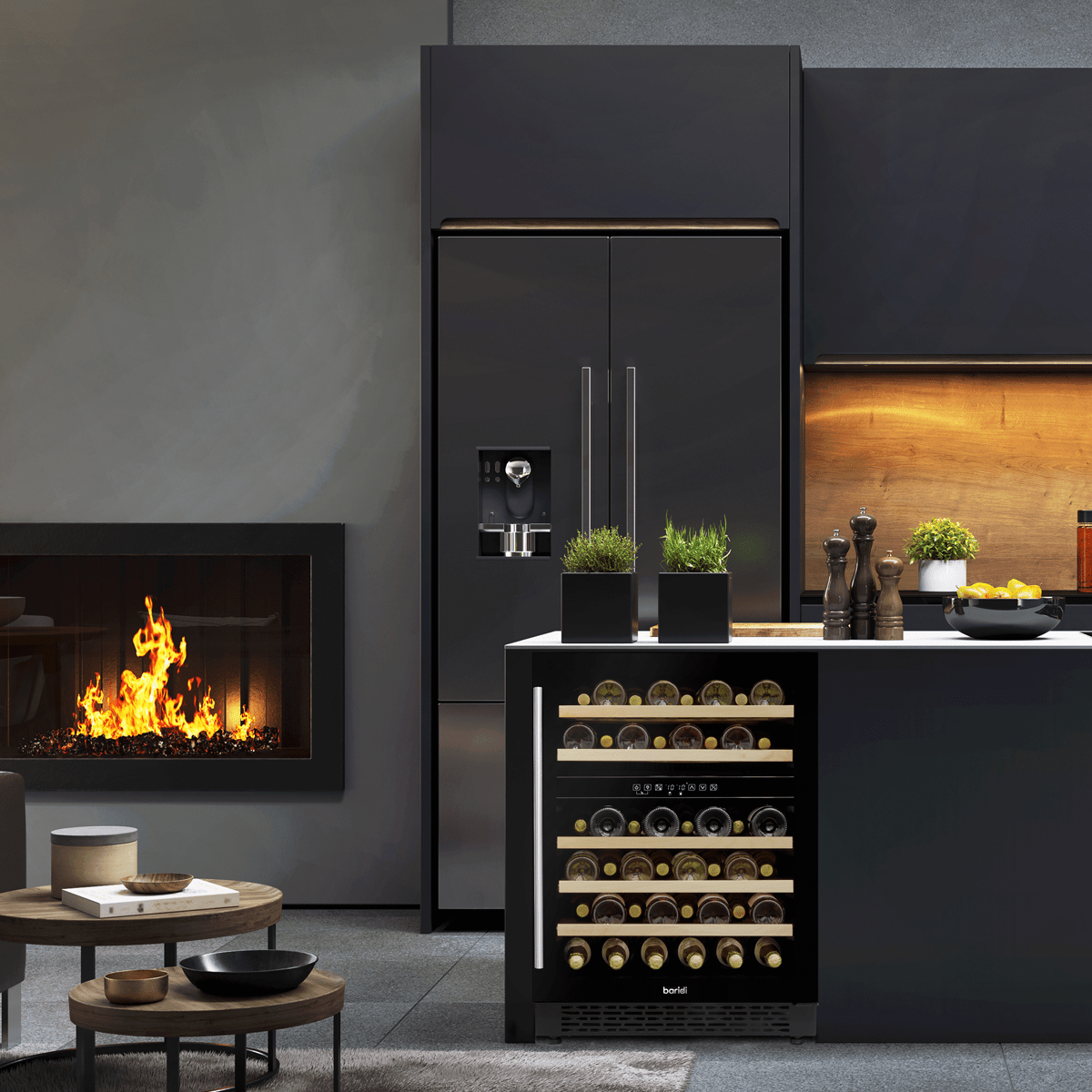 Black Baridi wine fridge with glass door, dual temperature zones, and wooden shelves for 46 bottles.