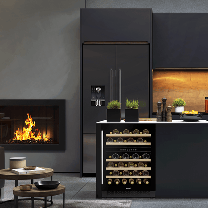 Black Baridi wine fridge with glass door, dual temperature zones, and wooden shelves for 46 bottles.