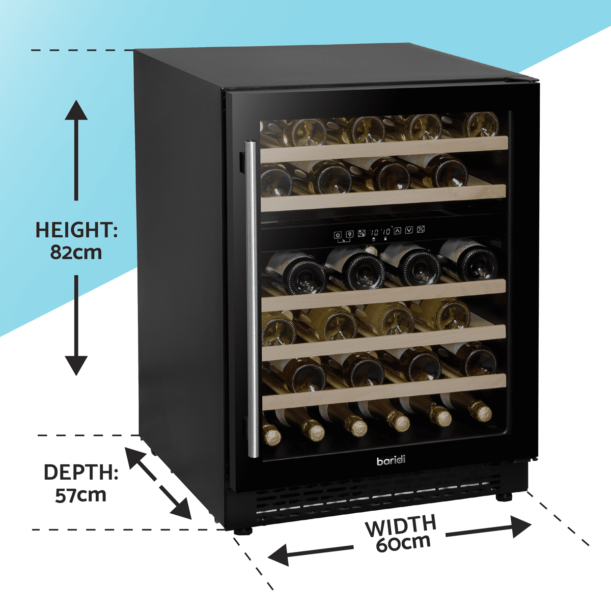 Black Baridi wine fridge with dual zones, glass door, and wooden shelves, fits 46 bottles.