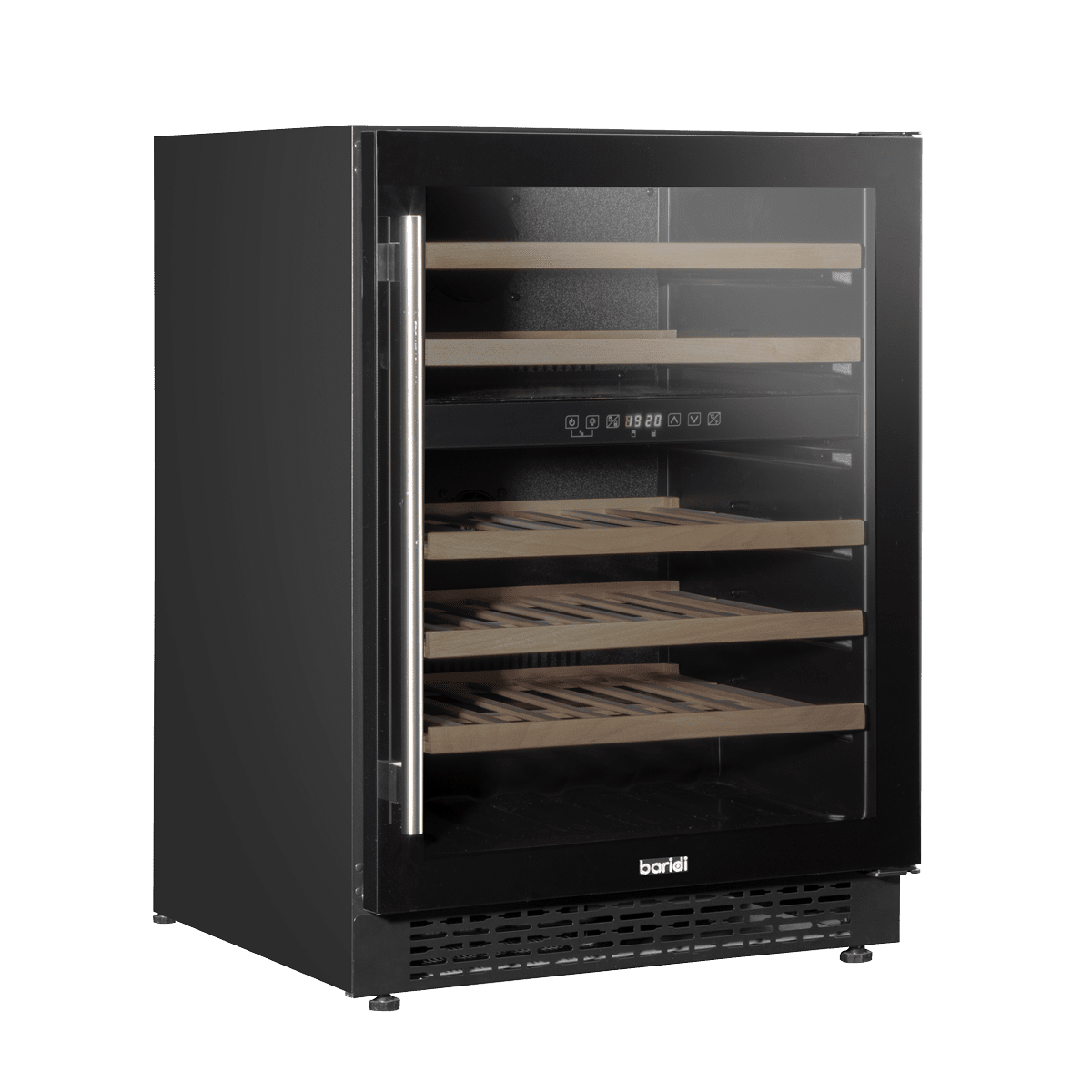 Sleek black dual-zone wine fridge with digital controls and a mirrored glass door.