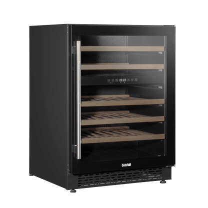 Sleek black dual-zone wine fridge with digital controls and a mirrored glass door.