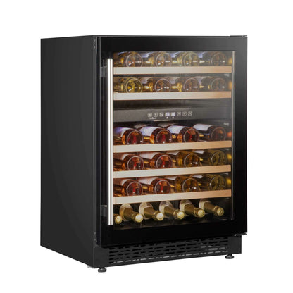 Black Baridi wine fridge with dual zones, glass door, wooden shelves, and digital controls.