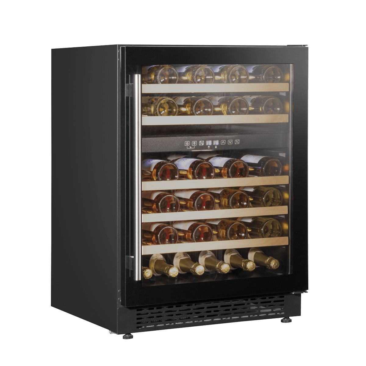 Black Baridi wine fridge with glass door, digital controls, wooden shelves, and dual temperature zones.