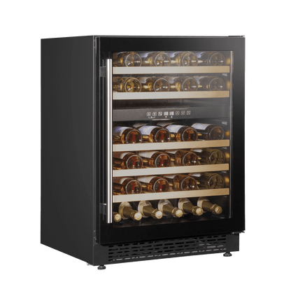 Black Baridi wine fridge with glass door, digital controls, wooden shelves, and dual temperature zones.