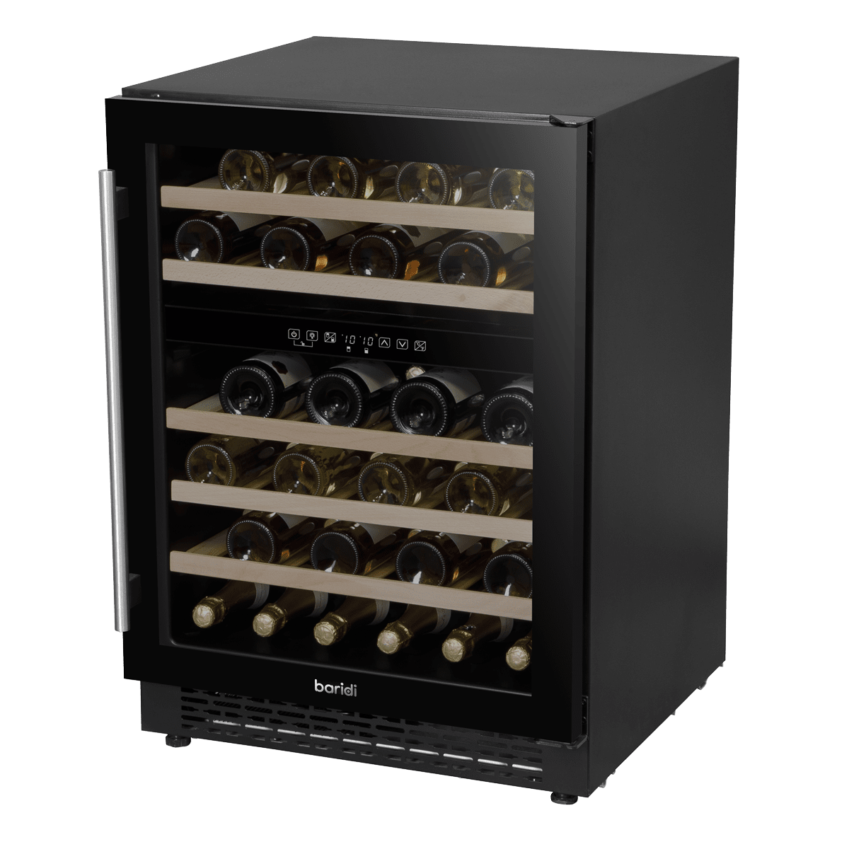 Sleek black wine fridge with glass door, digital controls, and wooden shelves for 46 bottles.