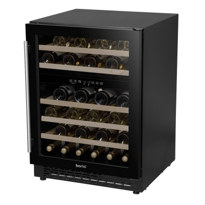 Sleek black wine fridge with glass door, digital controls, and wooden shelves for 46 bottles.