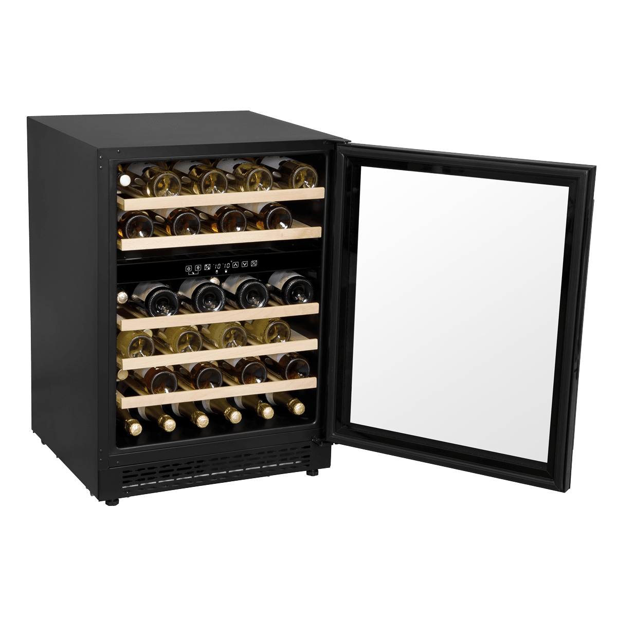 Black Baridi 46-bottle dual zone wine fridge with digital controls and glass door.