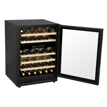 Black Baridi 46-bottle dual zone wine fridge with digital controls and glass door.