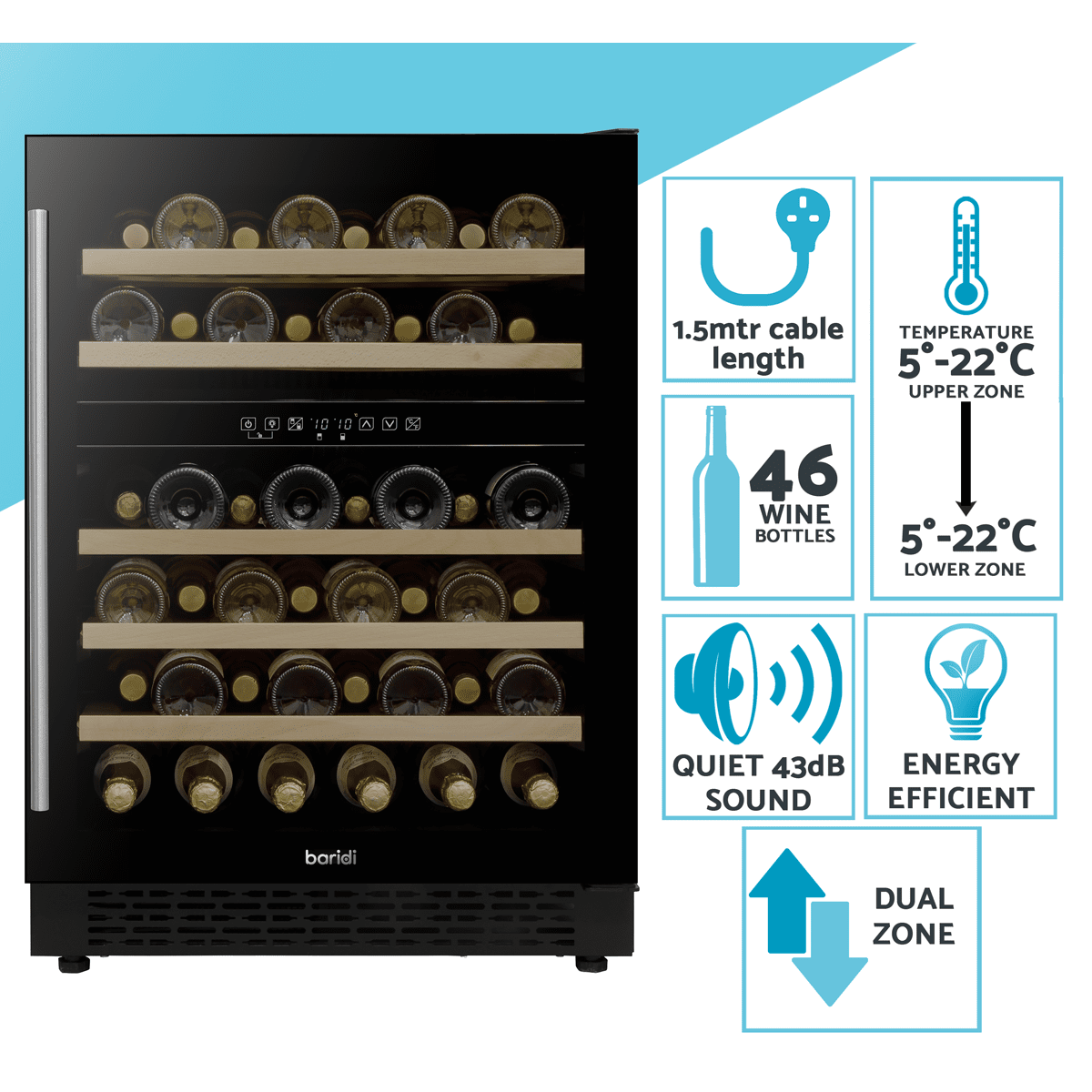 Baridi 46-bottle dual zone wine fridge with black finish, digital controls, and wooden shelves.