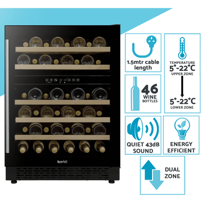 Baridi 46-bottle dual zone wine fridge with black finish, digital controls, and wooden shelves.