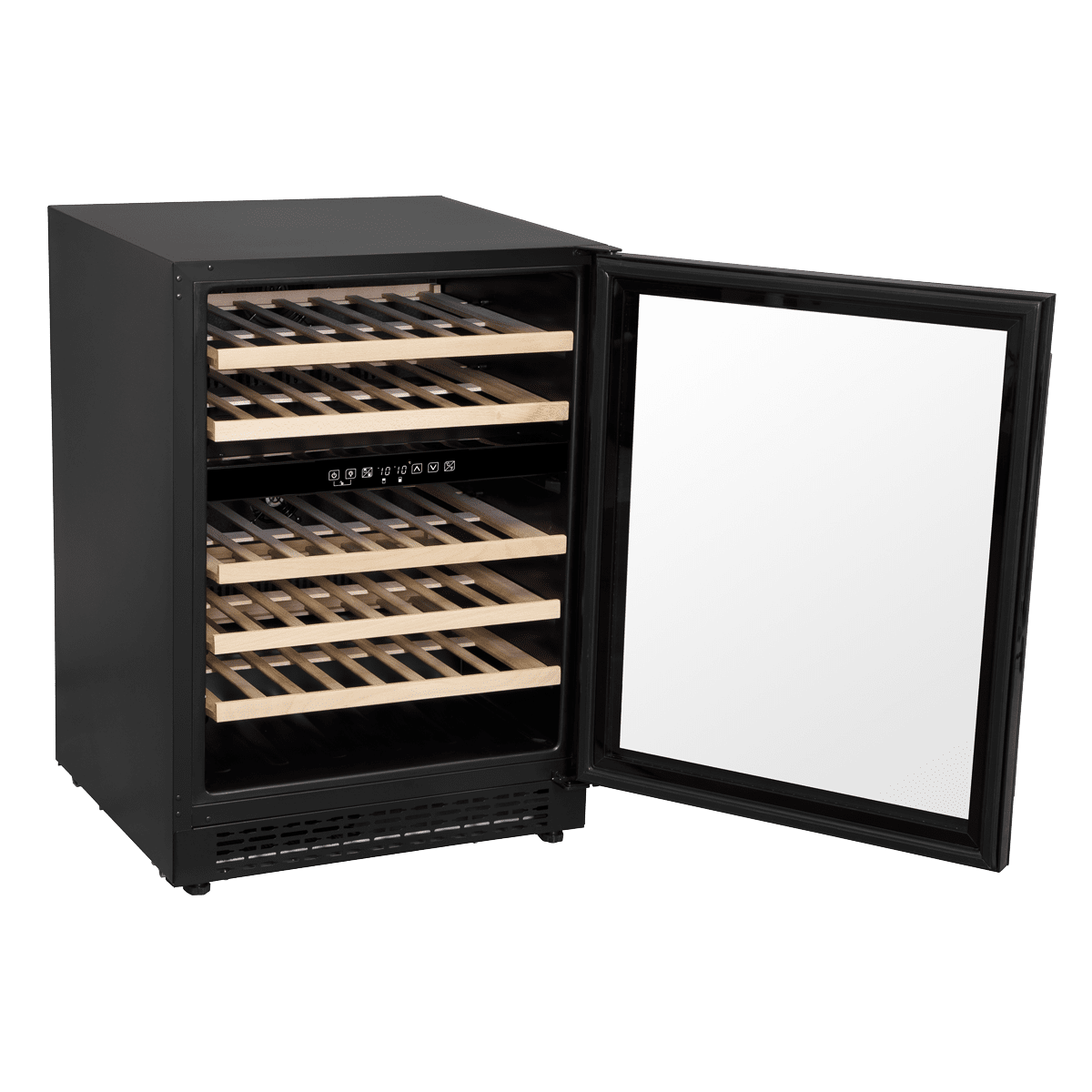 Black Baridi 46-bottle wine fridge with dual zones, digital controls, and wooden shelves.