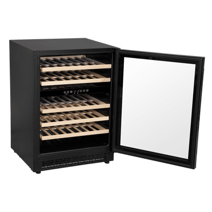 Black Baridi 46-bottle wine fridge with dual zones, digital controls, and wooden shelves.