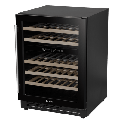Black Baridi wine fridge with dual zones, digital controls, glass door, and wooden shelves.