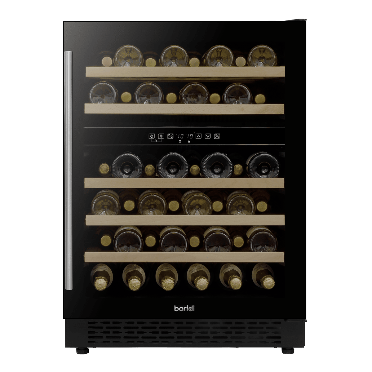 Sleek black Baridi wine fridge with dual zones, glass door, and wooden shelves for 46 bottles.