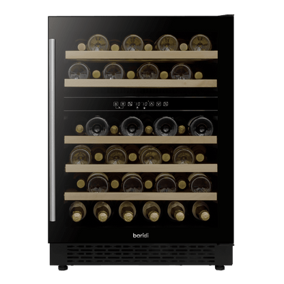 Sleek black Baridi wine fridge with dual zones, glass door, and wooden shelves for 46 bottles.