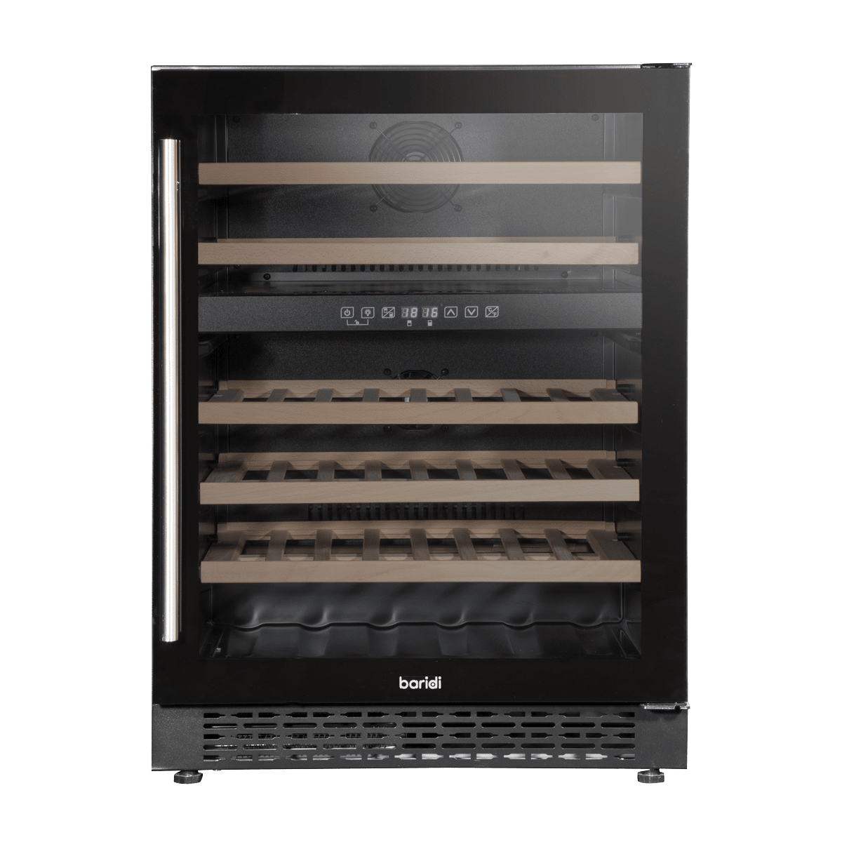 Black Baridi 46-bottle wine fridge with dual zones, digital controls, and wooden shelves.