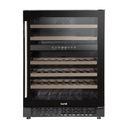 Black Baridi 46-bottle wine fridge with dual zones, digital controls, and wooden shelves.