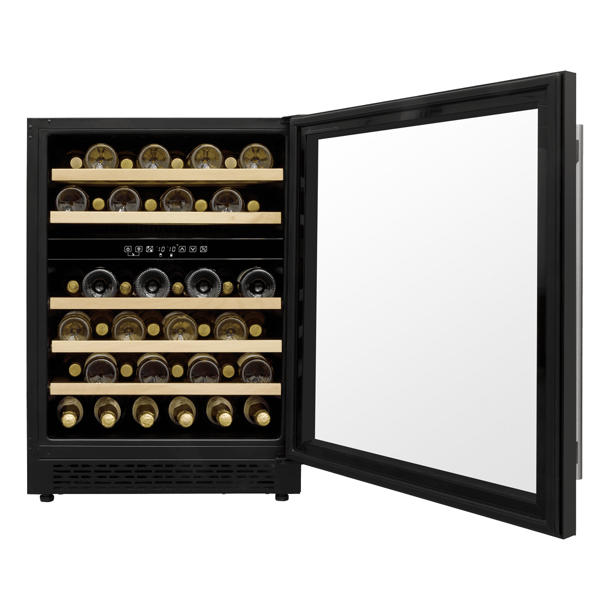 Black dual-zone wine fridge with digital controls, glass door, and wooden shelves, holds 46 bottles.