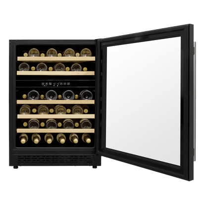 Black dual-zone wine fridge with digital controls, glass door, and wooden shelves, holds 46 bottles.