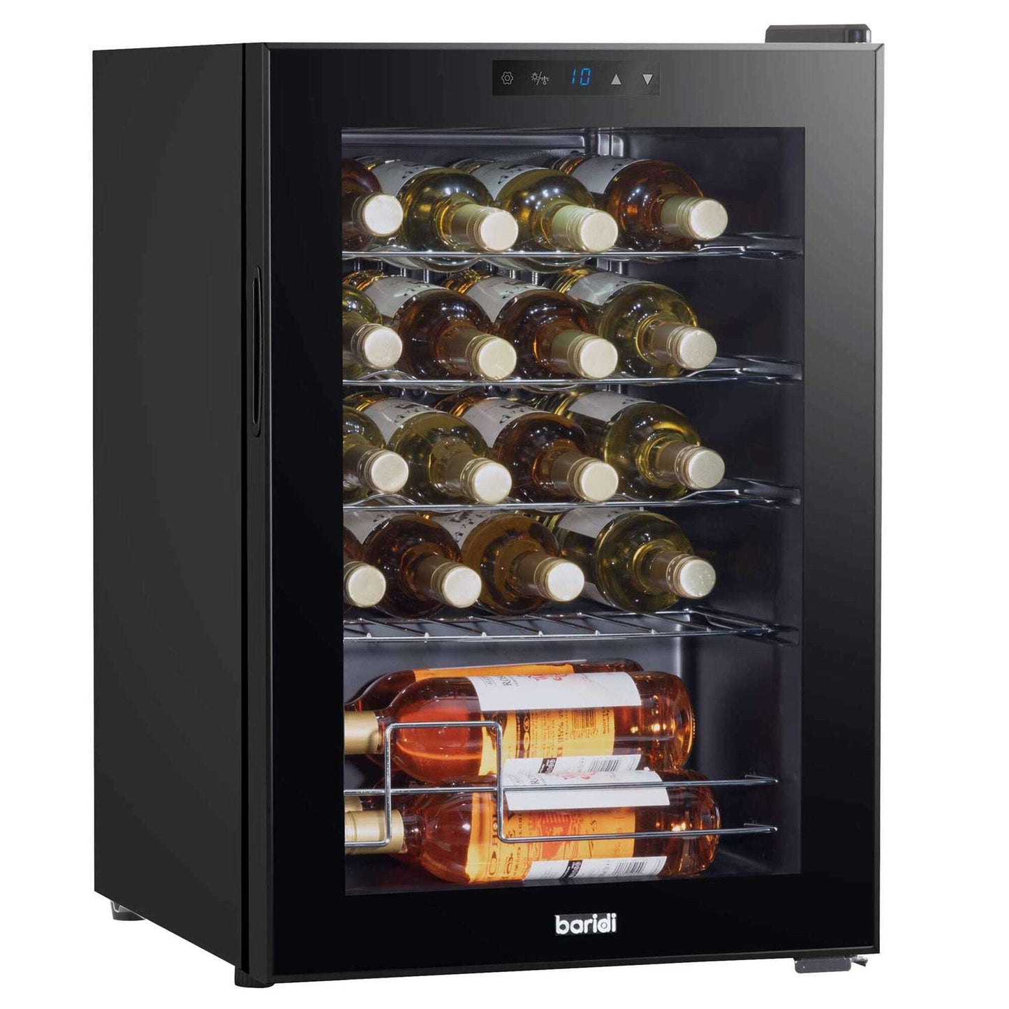 Baridi 20-Bottle Wine Cooler, sleek freestanding design, digital display, holds up to 330mm bottles.