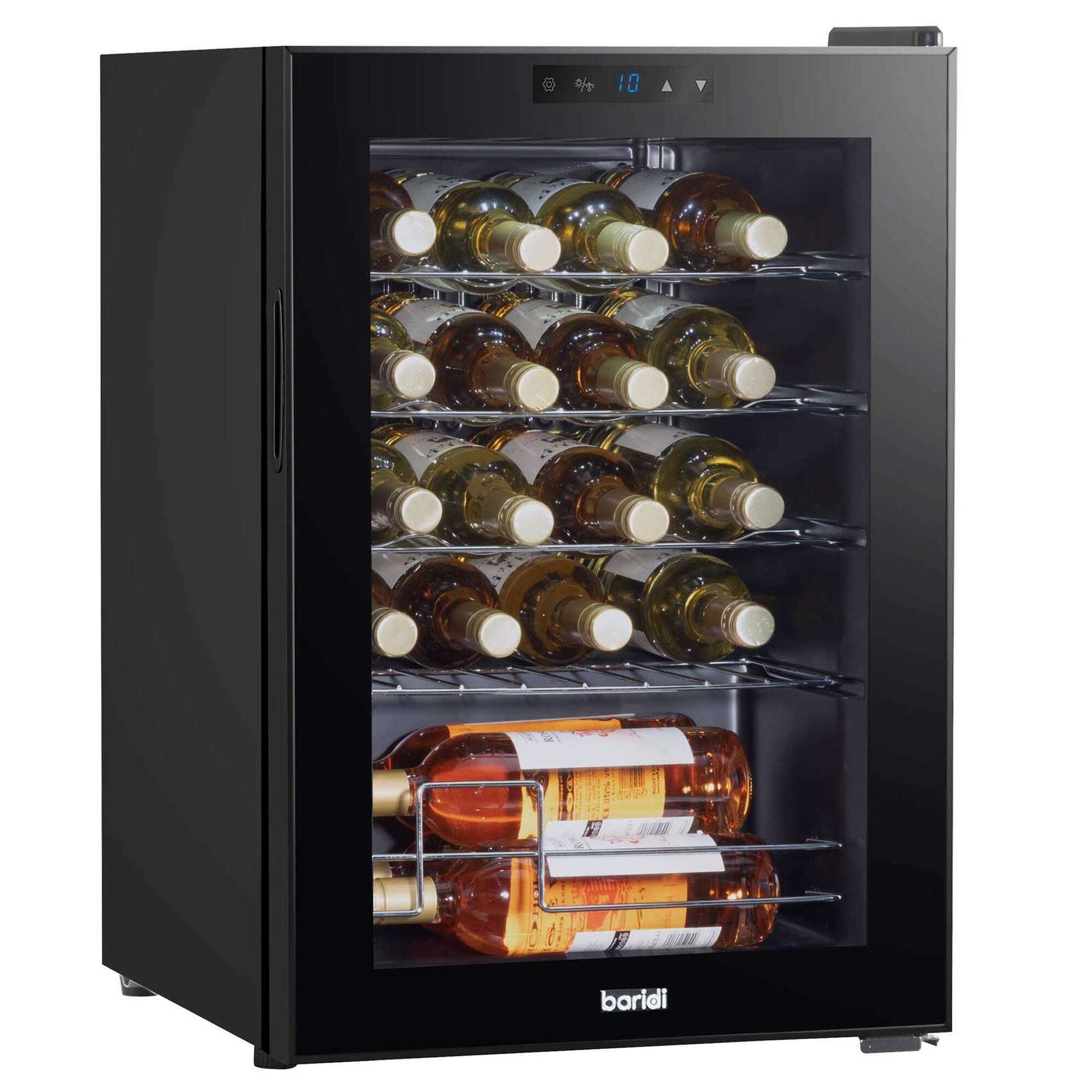 Baridi 20-Bottle Wine Cooler, sleek freestanding design, digital display, holds up to 330mm bottles.