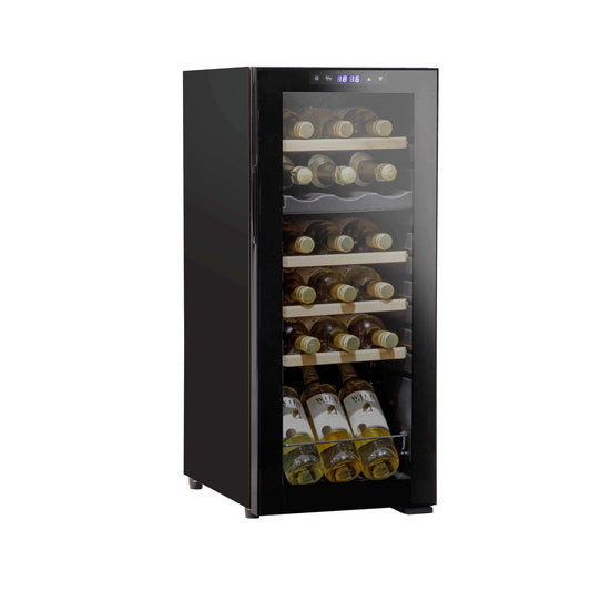 Baridi 18 Bottle Dual Zone Wine Cooler with mirror glass door and wooden shelves, LED lit interior.