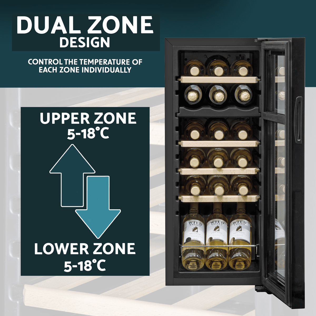 Baridi 18 Bottle Dual Zone Wine Cooler with wooden shelves and touch screen controls.