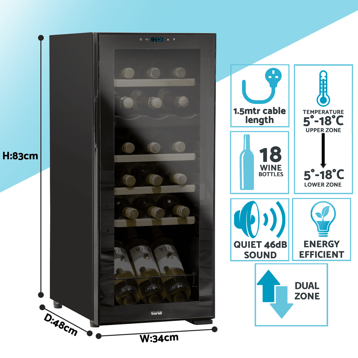 Baridi 18 Bottle Wine Cooler with dual zones, touch controls, wooden shelves, and LED lighting.