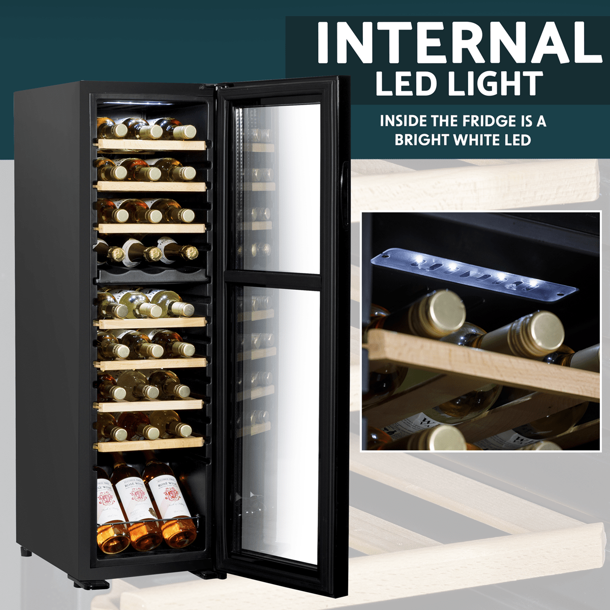 Baridi 18 Bottle Wine Cooler with dual zones, touch controls, wooden shelves, and LED lighting.