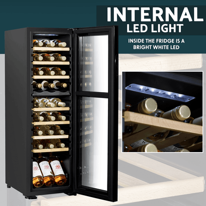 Baridi 18 Bottle Wine Cooler with dual zones, touch controls, wooden shelves, and LED lighting.