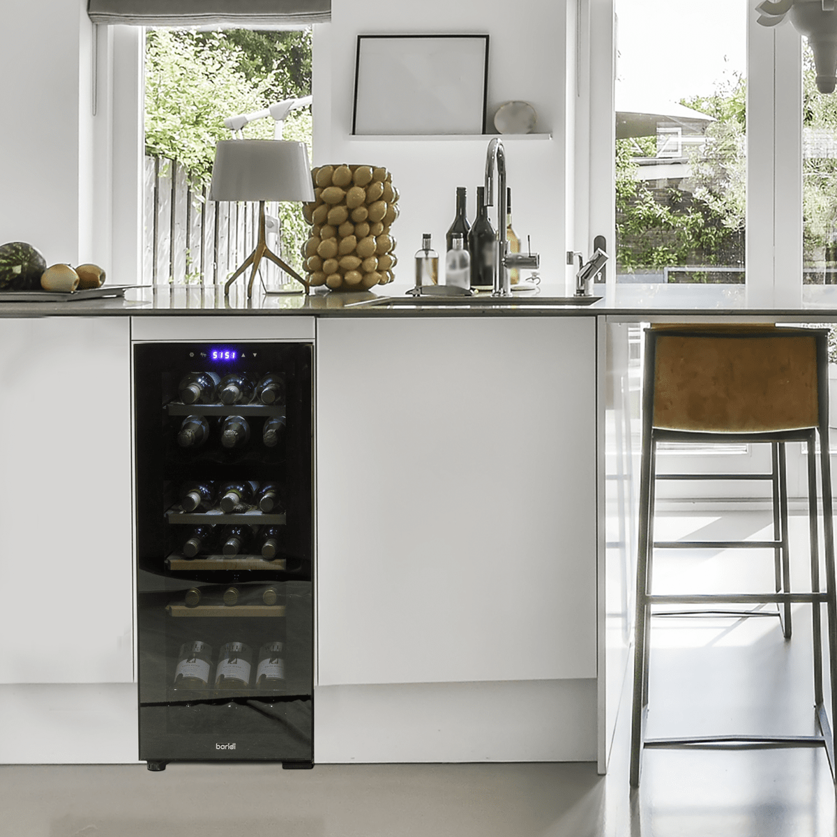 Baridi 18 Bottle Dual Zone Wine Cooler with touch controls, wooden shelves, and LED lighting.
